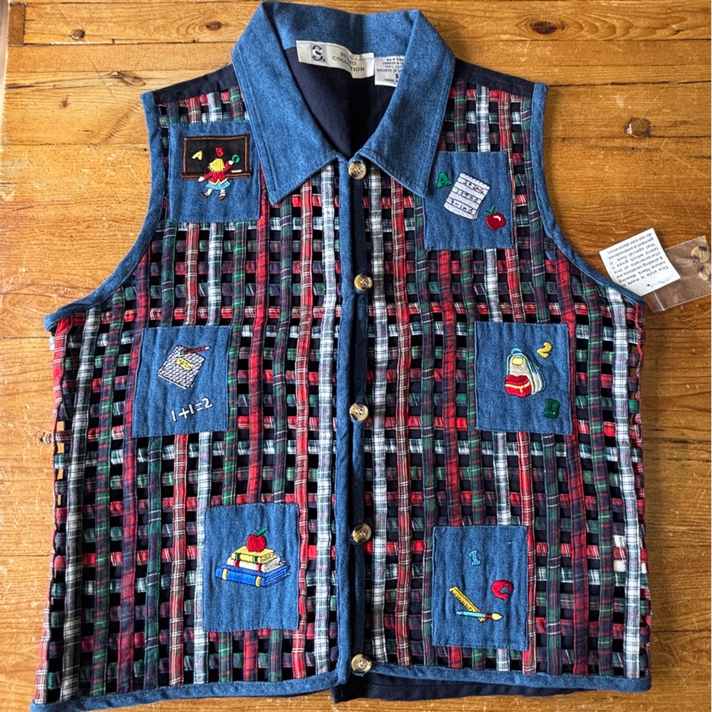 Colorful Patchwork Women’s Vest with Denim Trim school theme embroidery